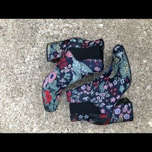 Brocade block heel ankle boots